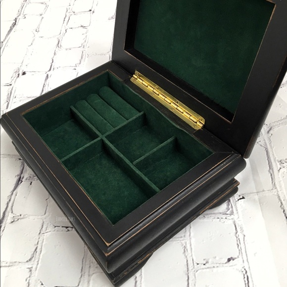 Vintage Wooden Jewelry Box Green Velvet Interior